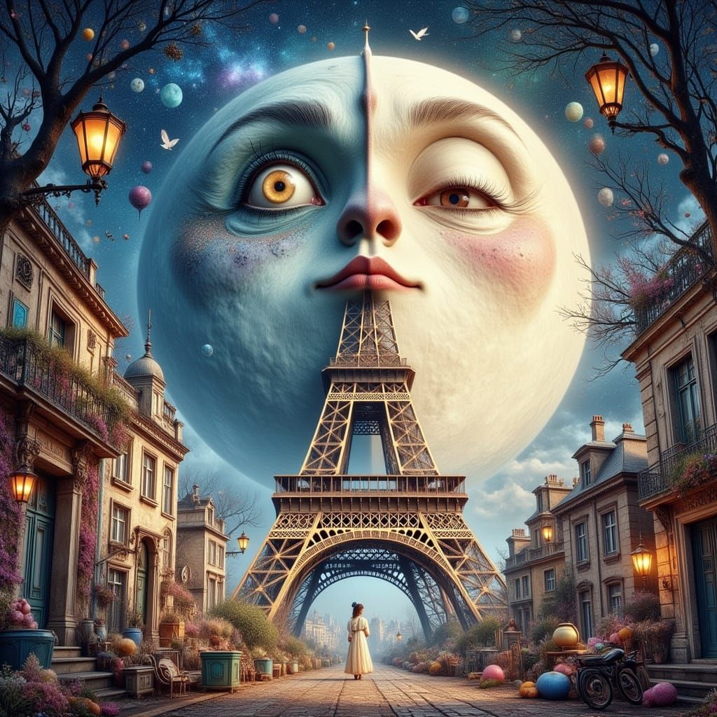 Fantasy Moon Over Paris, Miyazaki Inspired Dreamscape