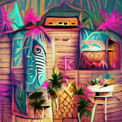 Tropical Seapunk Tiki Hut Beach Scene