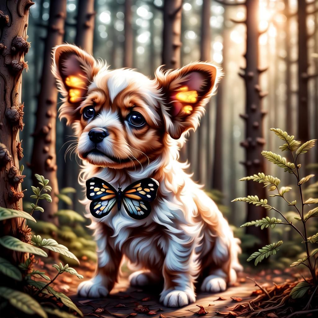 Hyperrealistic Puppy with Butterfly in Forest
