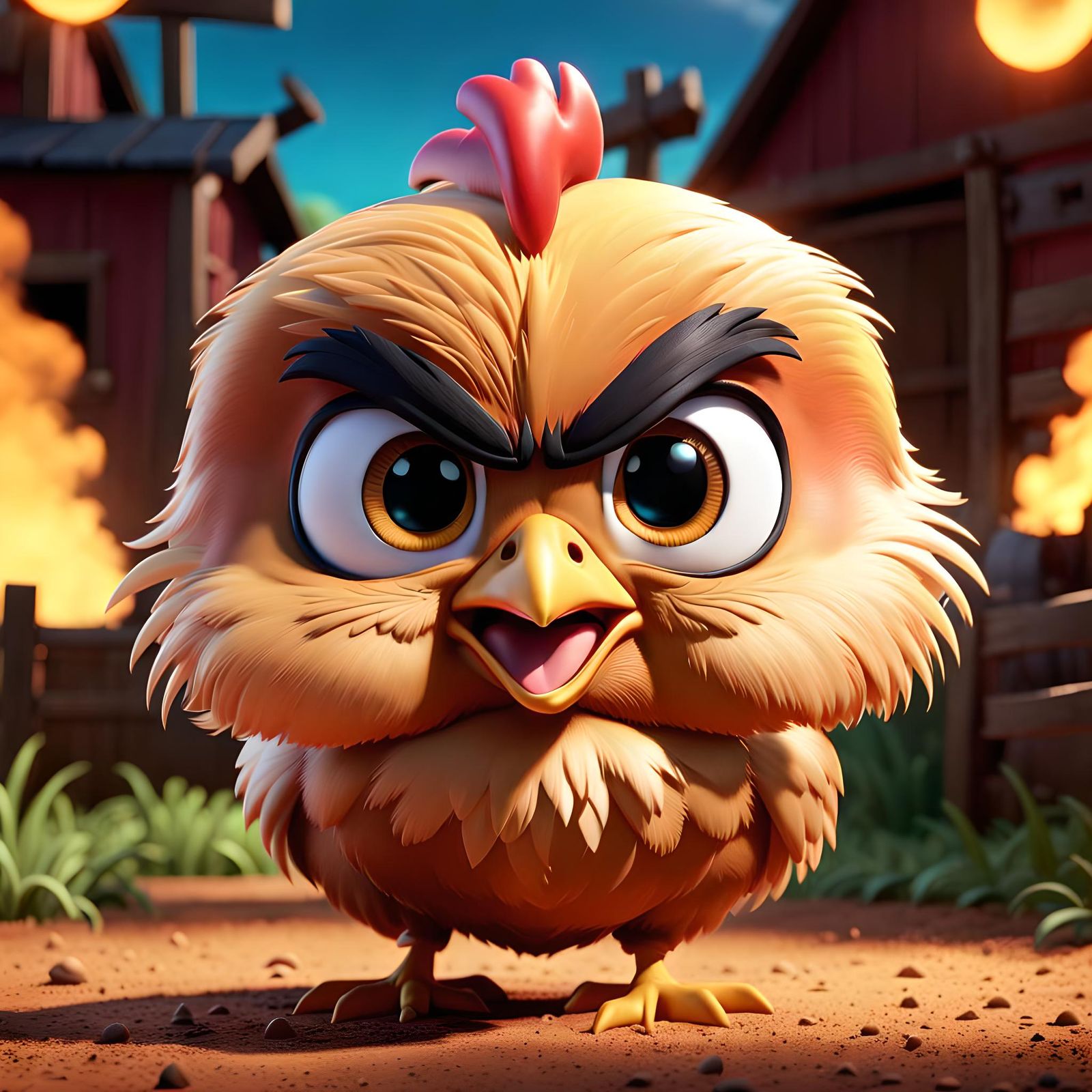Angry Chibi Chicken in Pixar-Style 3D Art