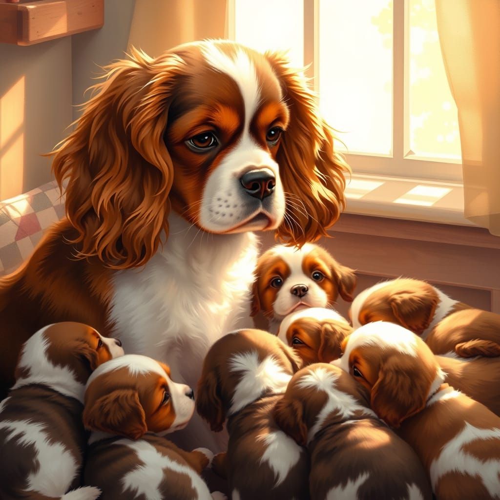 Cavalier King Charles Spaniel Mother Lovingly Cares for Her ...