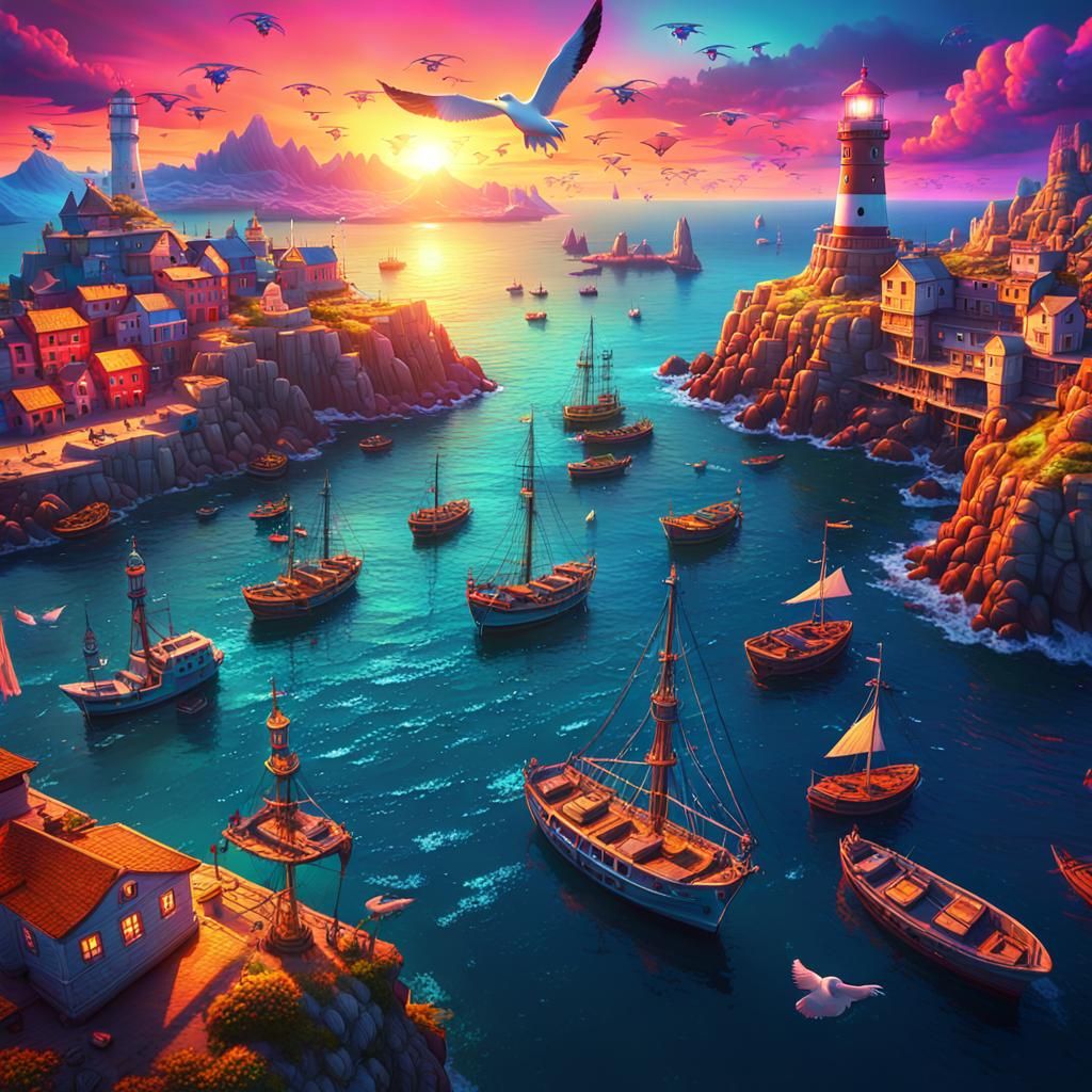 Drone view of a fantasy harbour full of boats.