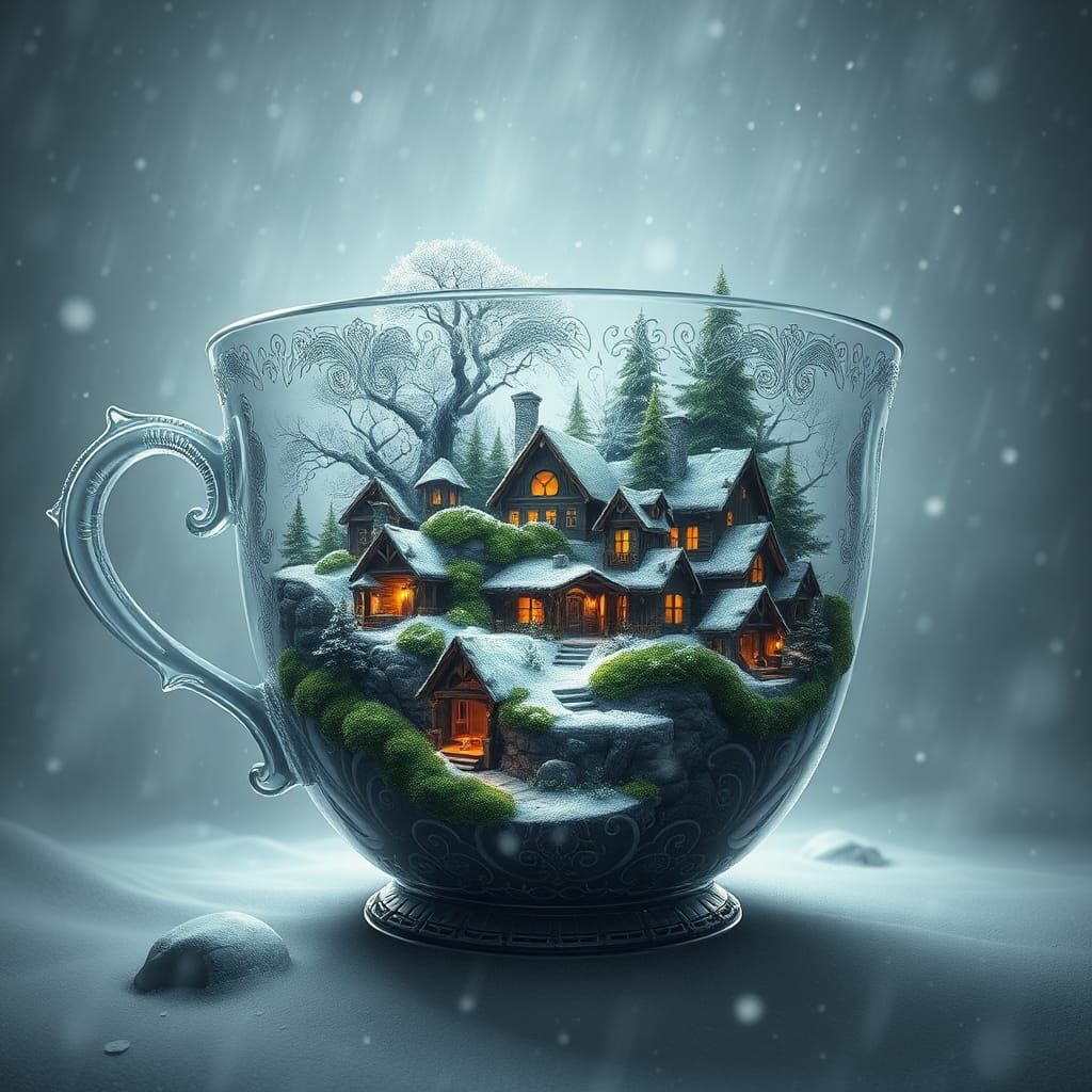 Elven Village in Colossal Teacup, Beksiński Style