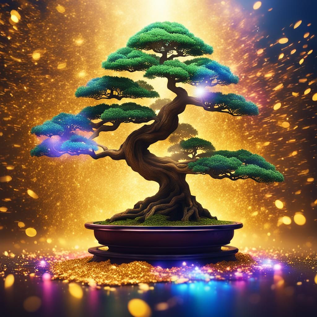 Buddhist Temple with Bonsai Trees and Golden Light