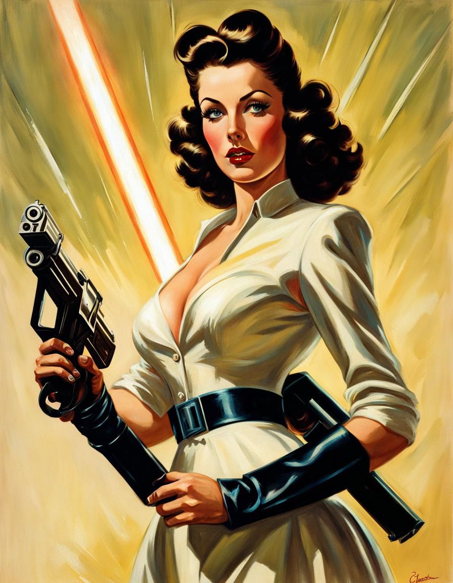 Science Fiction Pinup with Laser Pistol, Gil Elvgren Style
