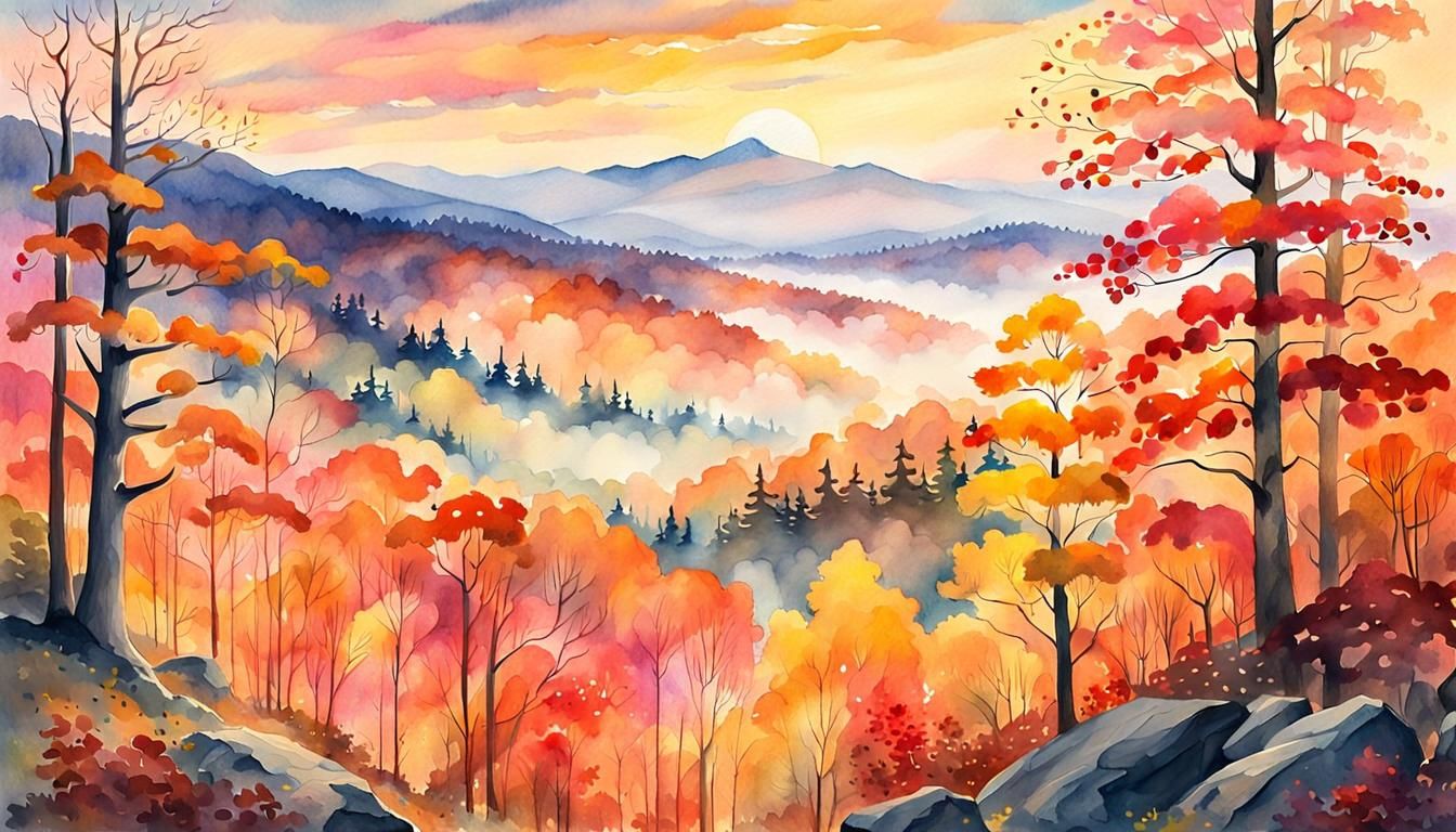 Whimsical Watercolor Autumn Forest Landscape