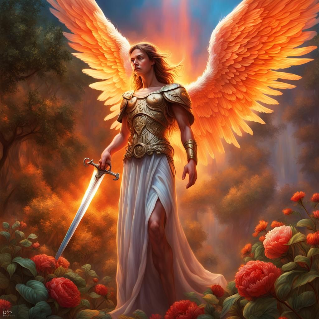 Fiery Angel Guards Eden: Hyperrealistic Concept Art