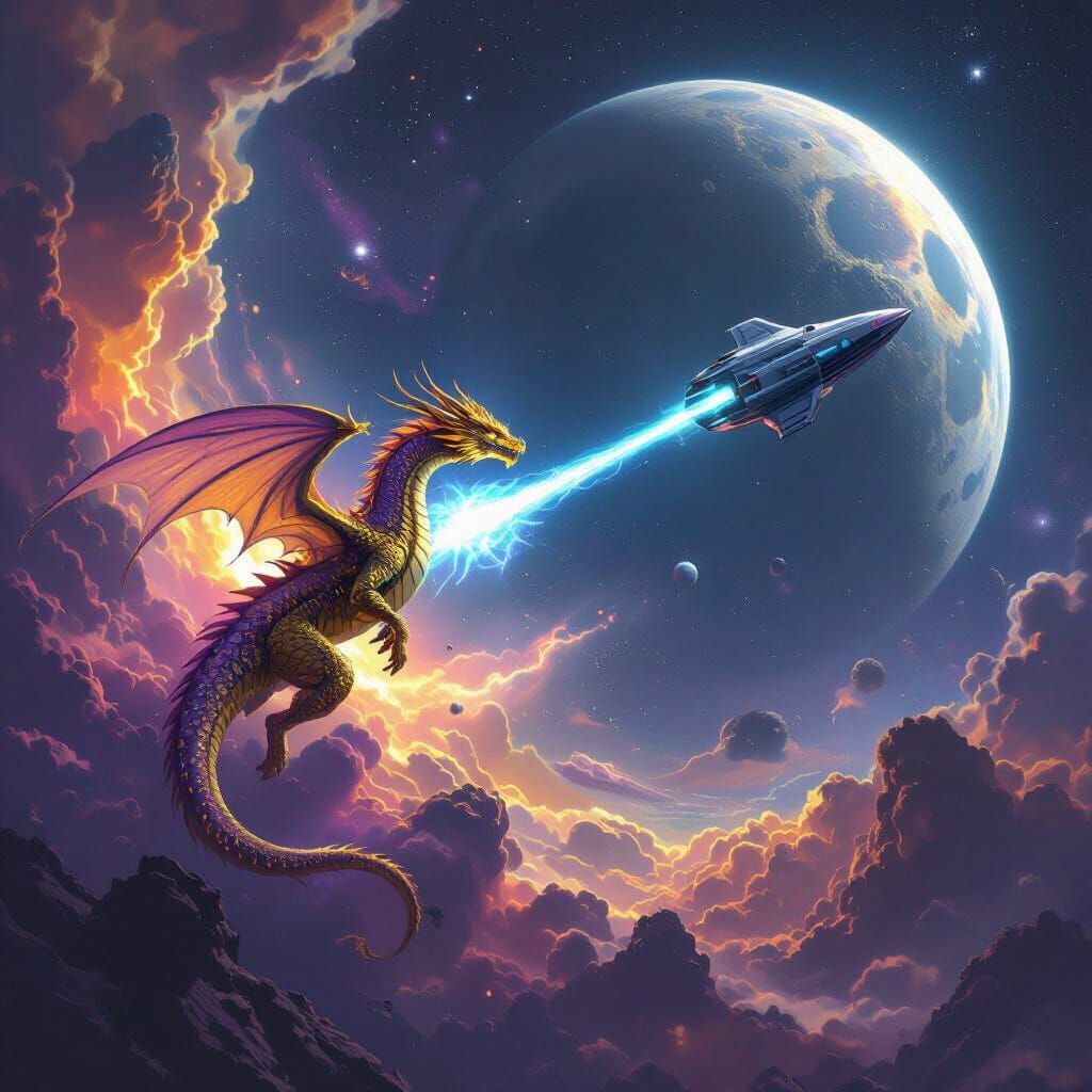 Dragon Battles Spaceship Near Moon in Nebula