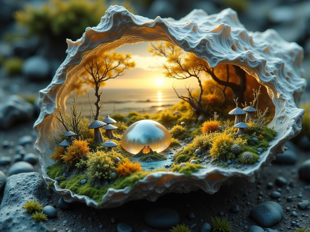 Glowing Pearl in Oyster Shell with Miniature Forest