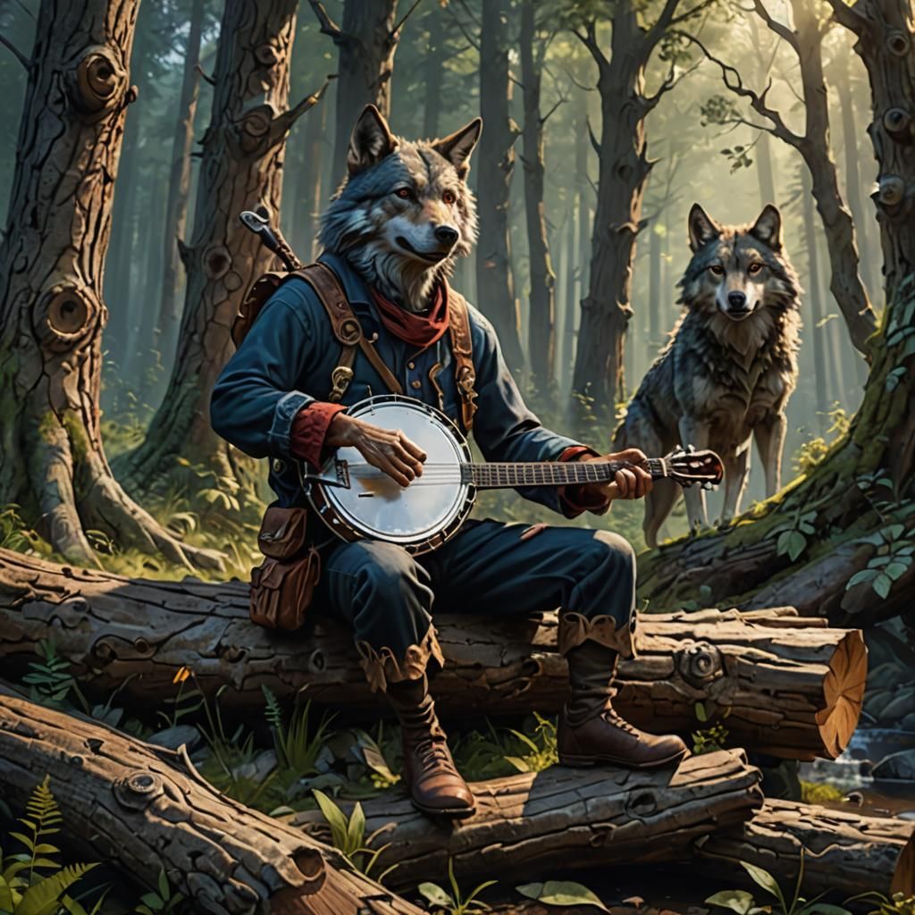Banjo Player in the Woods, Detailed Matte Painting