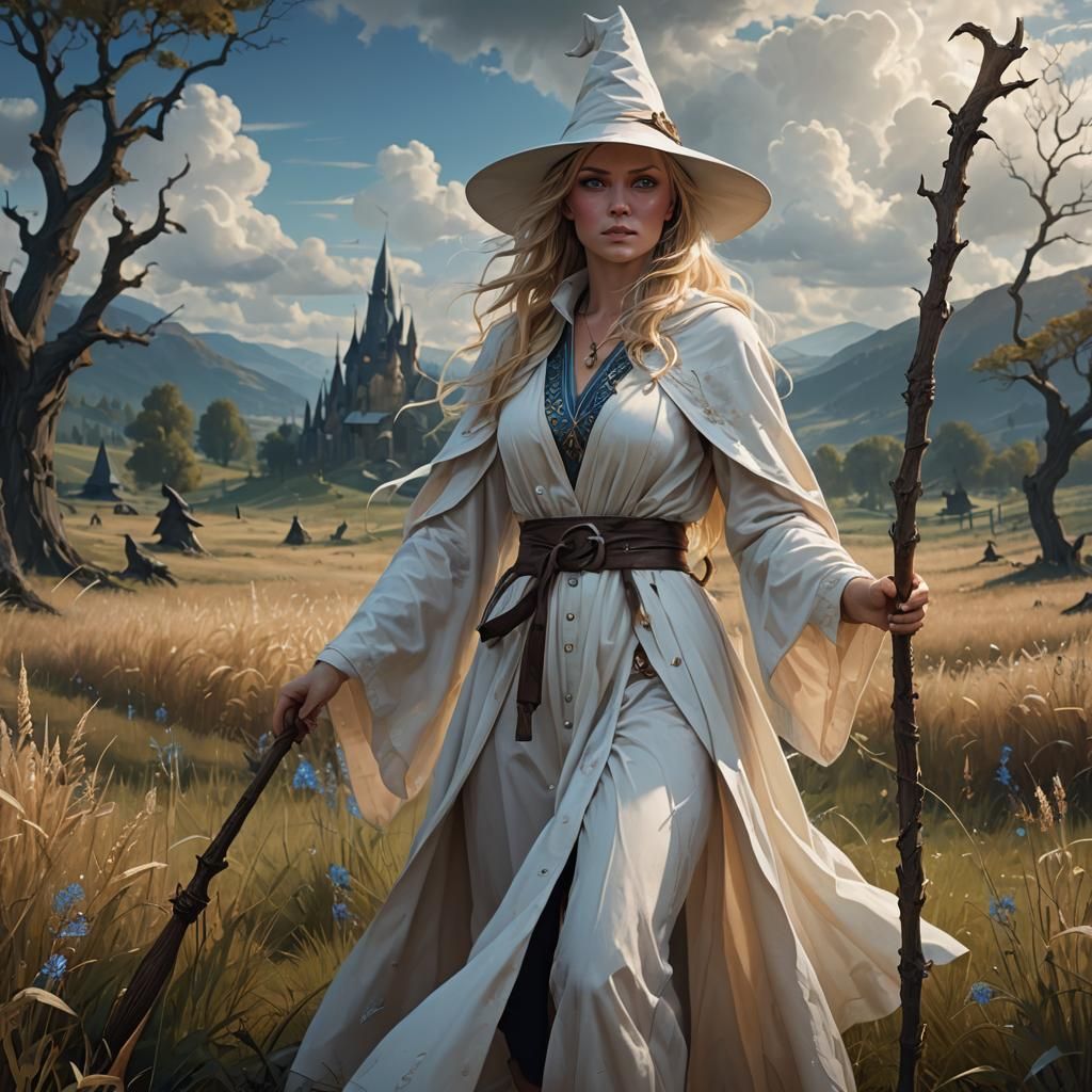 Fantasy Mage with Staff in Field, Detailed Art