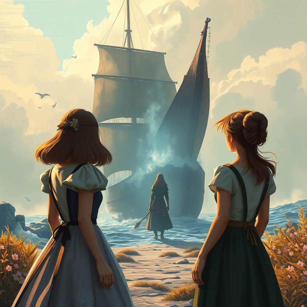 Alice and Rachel Encounter a Mysterious Ship, Digital Art