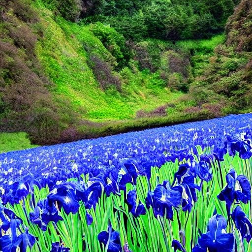 Cobalt Iris Field and Waterfall Scene