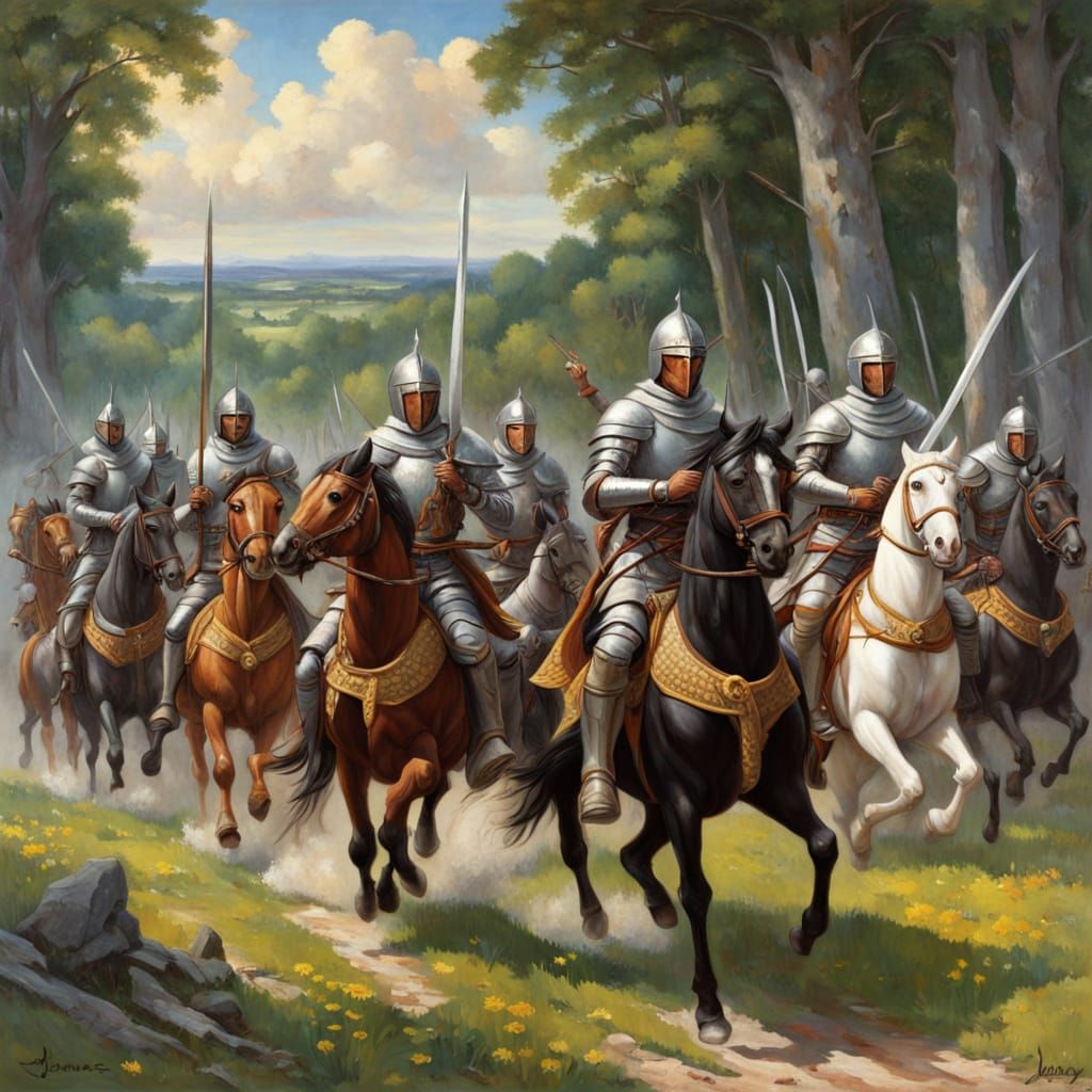 Knights Riding Horses into Battle Oil Painting