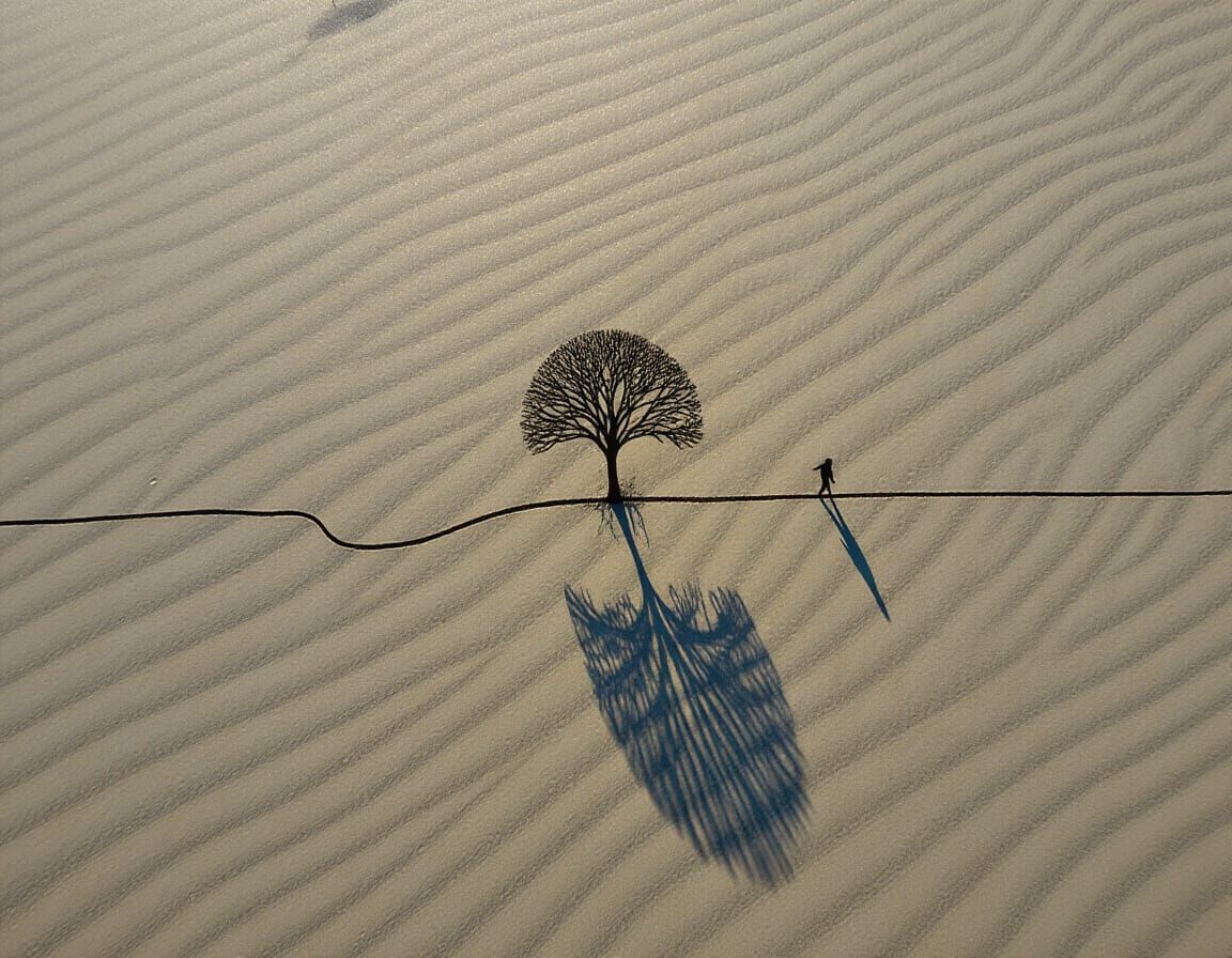 A single thin black line forming the outline of the horizon with a single tree and a single human figure
