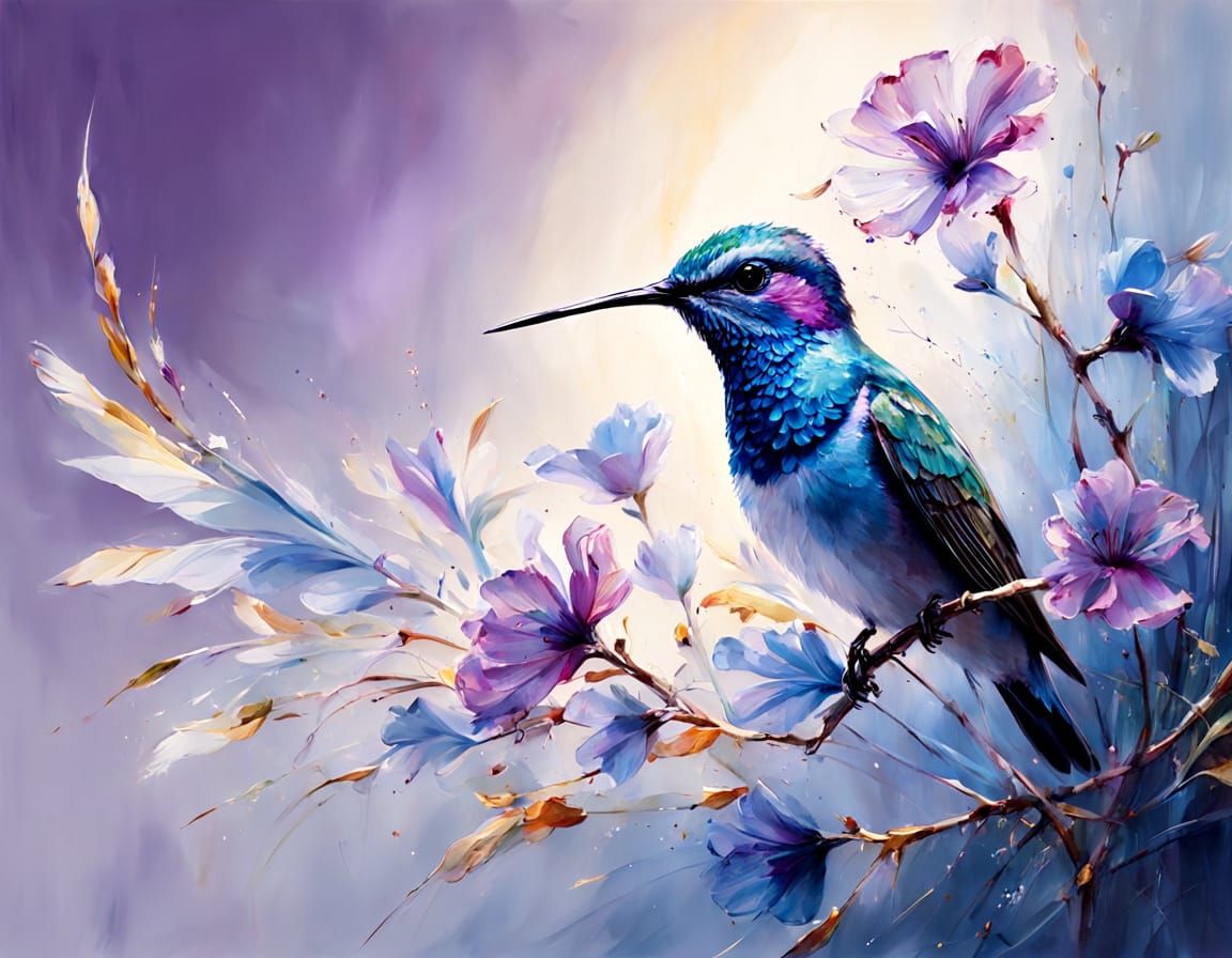 Blue Hummingbird and Translucent Flowers: Surreal Dreamscape
