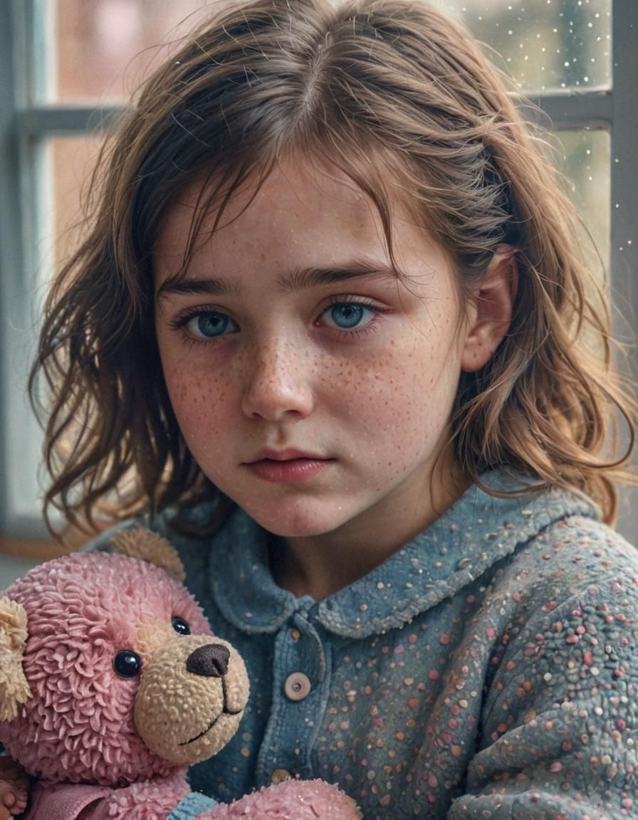Sad Girl Hugging Teddy in Pointillism Style