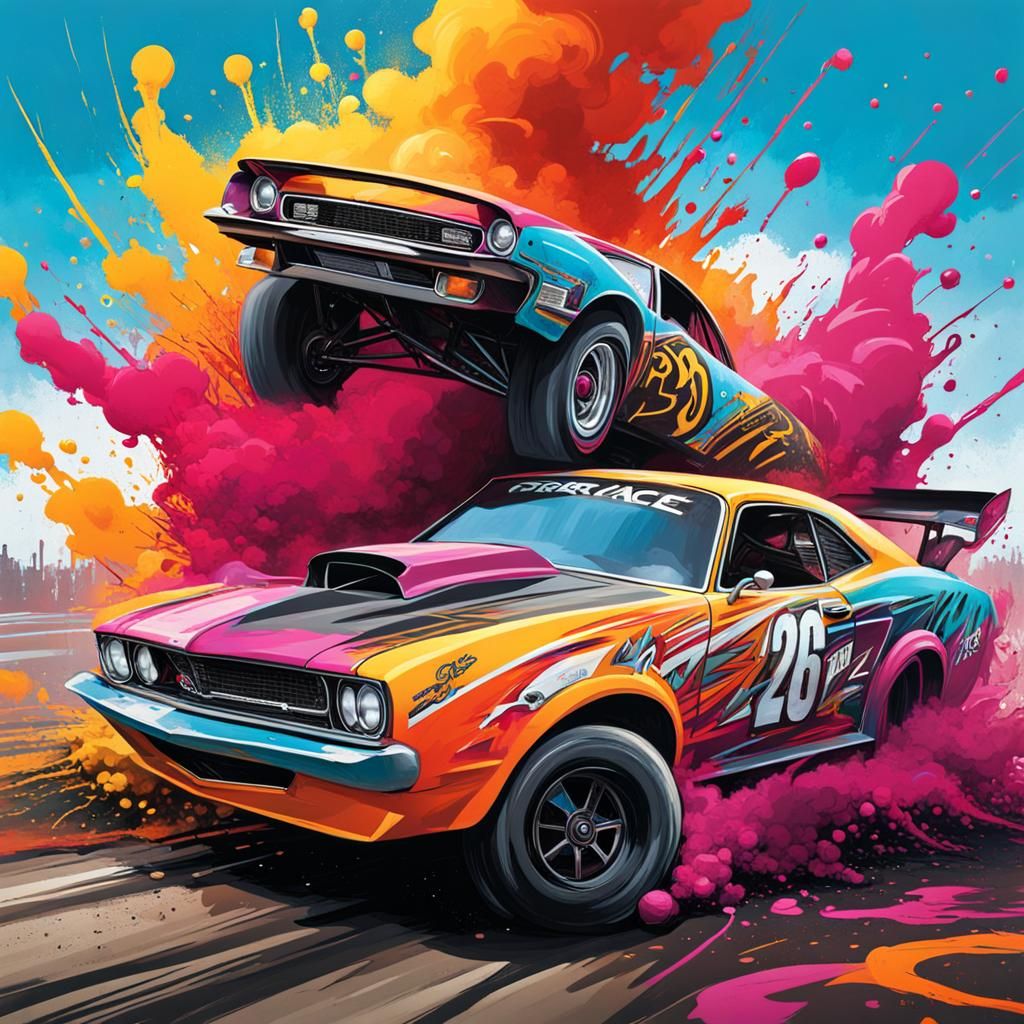 Crashing Drag Race Cars in Graffiti Art Style