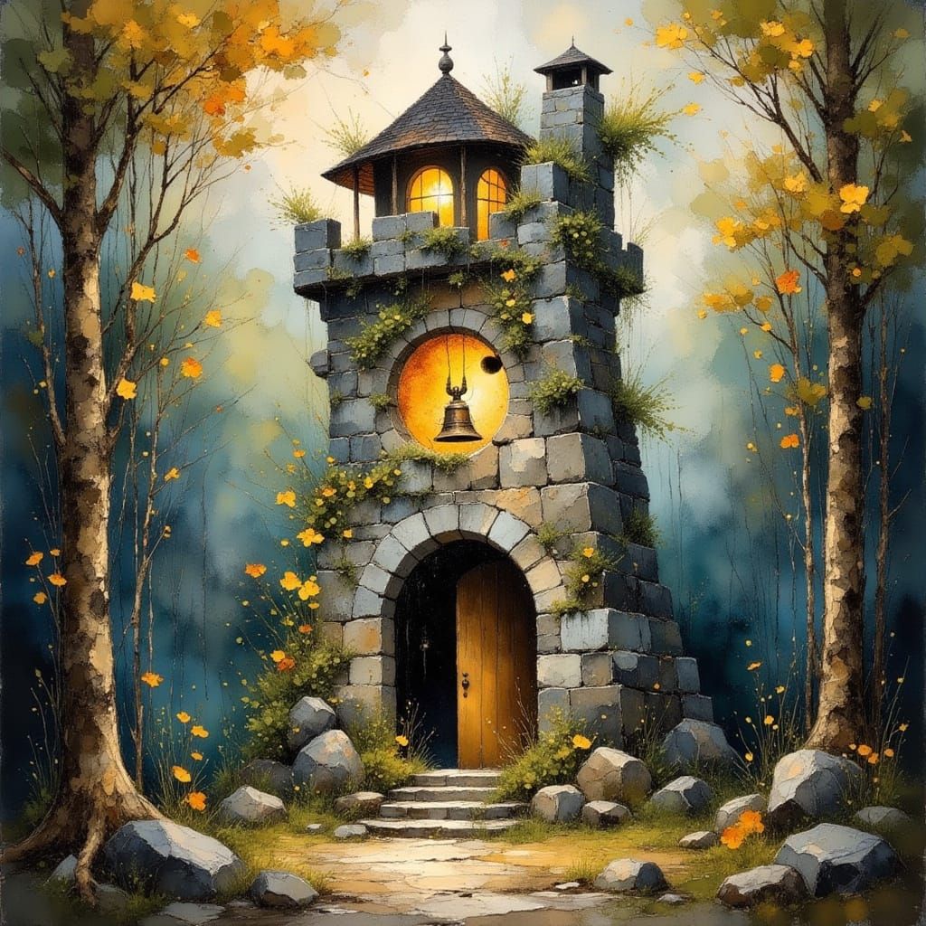 Stone Clock Tower in Forest, Impressionistic Style