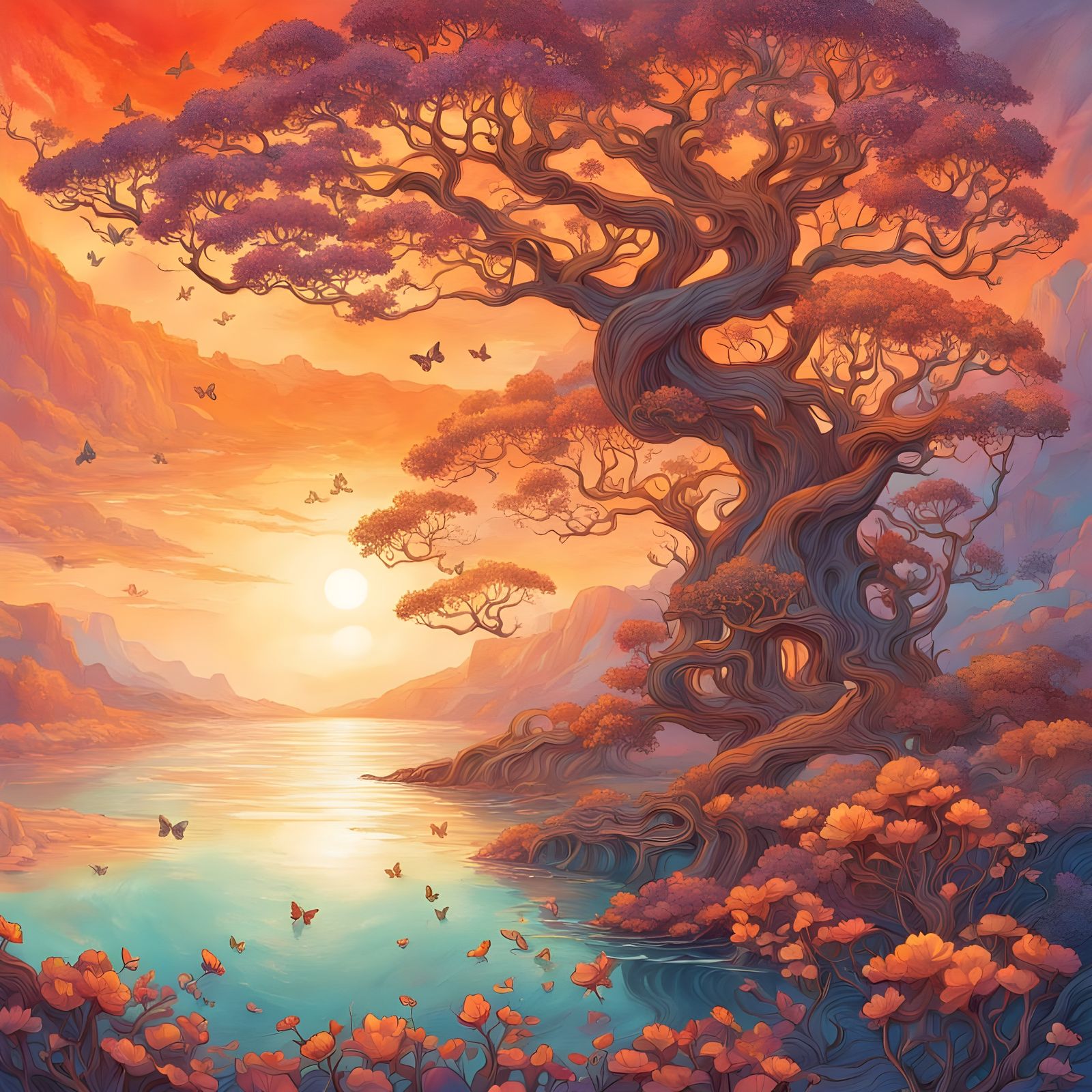 Fantasy Landscape: Gnarled Trees, Luminous Blossoms, Sunset ...
