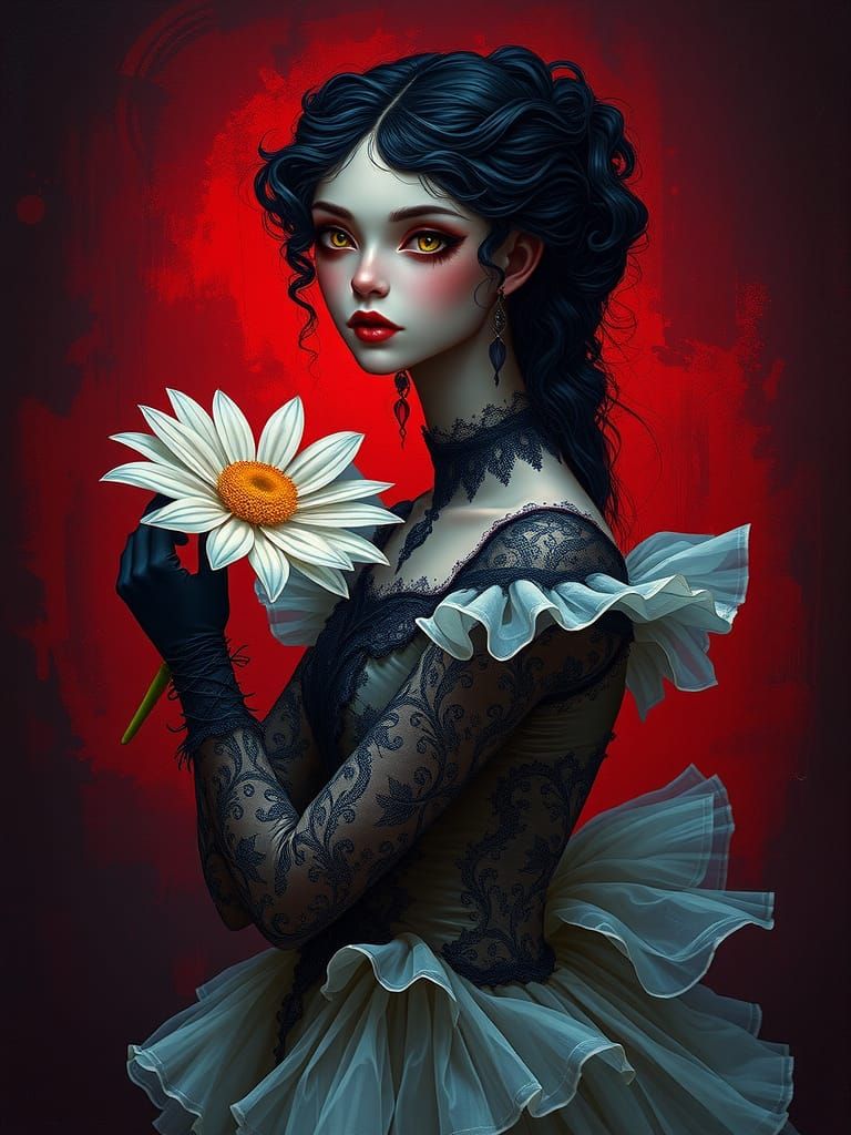 Mystical Gothic Girl Portrait with Daisy in Surreal Style