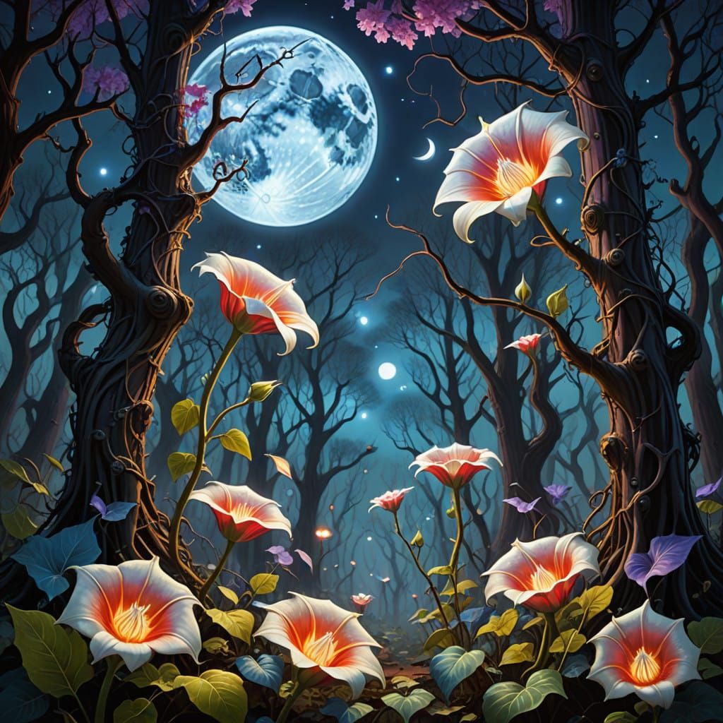Dreamlike Forest Clearing Under Blood Moonlight