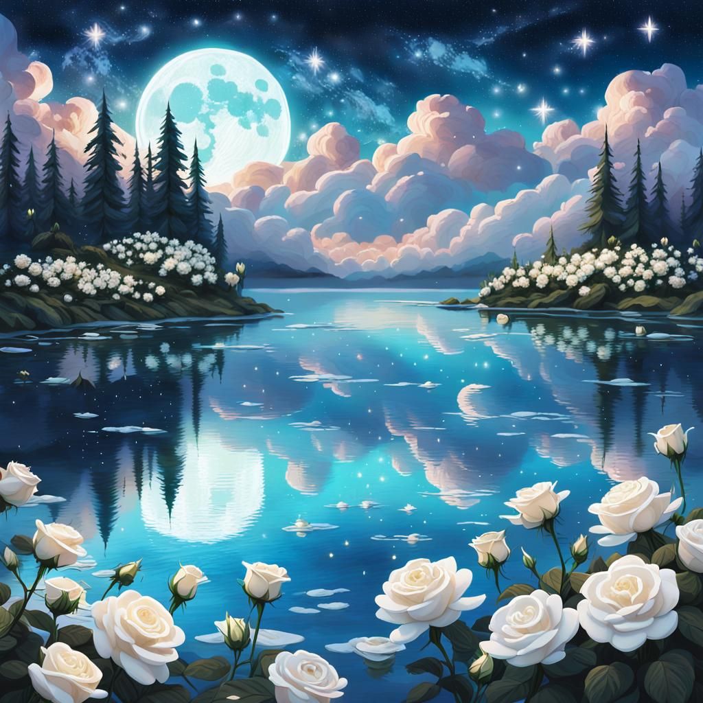 Glowing Lake with Roses Under Galaxy Sky