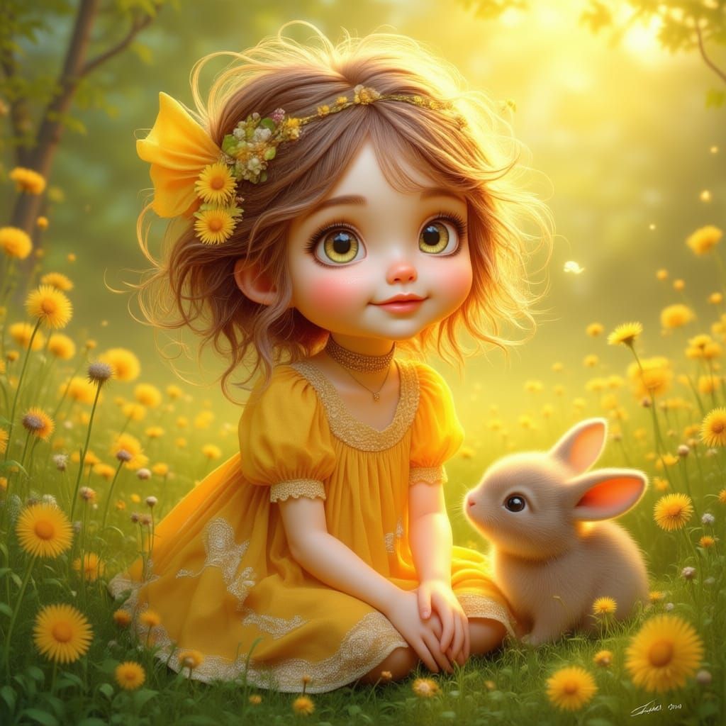 Girl and Bunny in Dandelion Meadow, Summer Splash Art