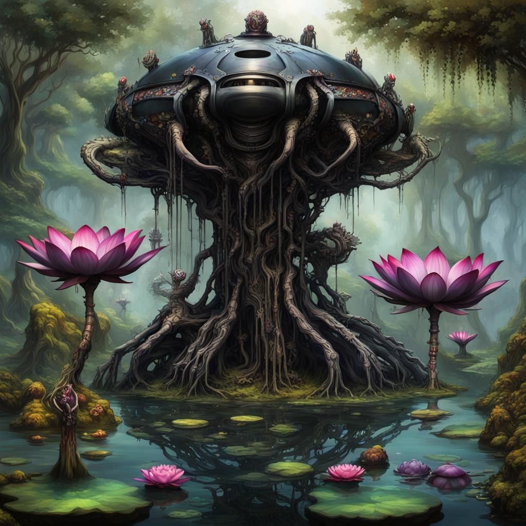 Mechanical Alien Lotus Flowers and Cyborg Frogs