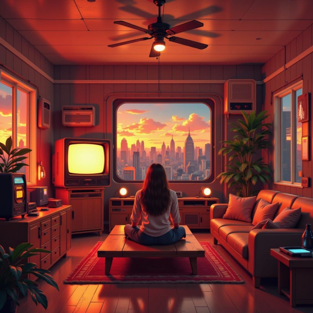 Nostalgic Retro-Futuristic Living Room with CRT TV