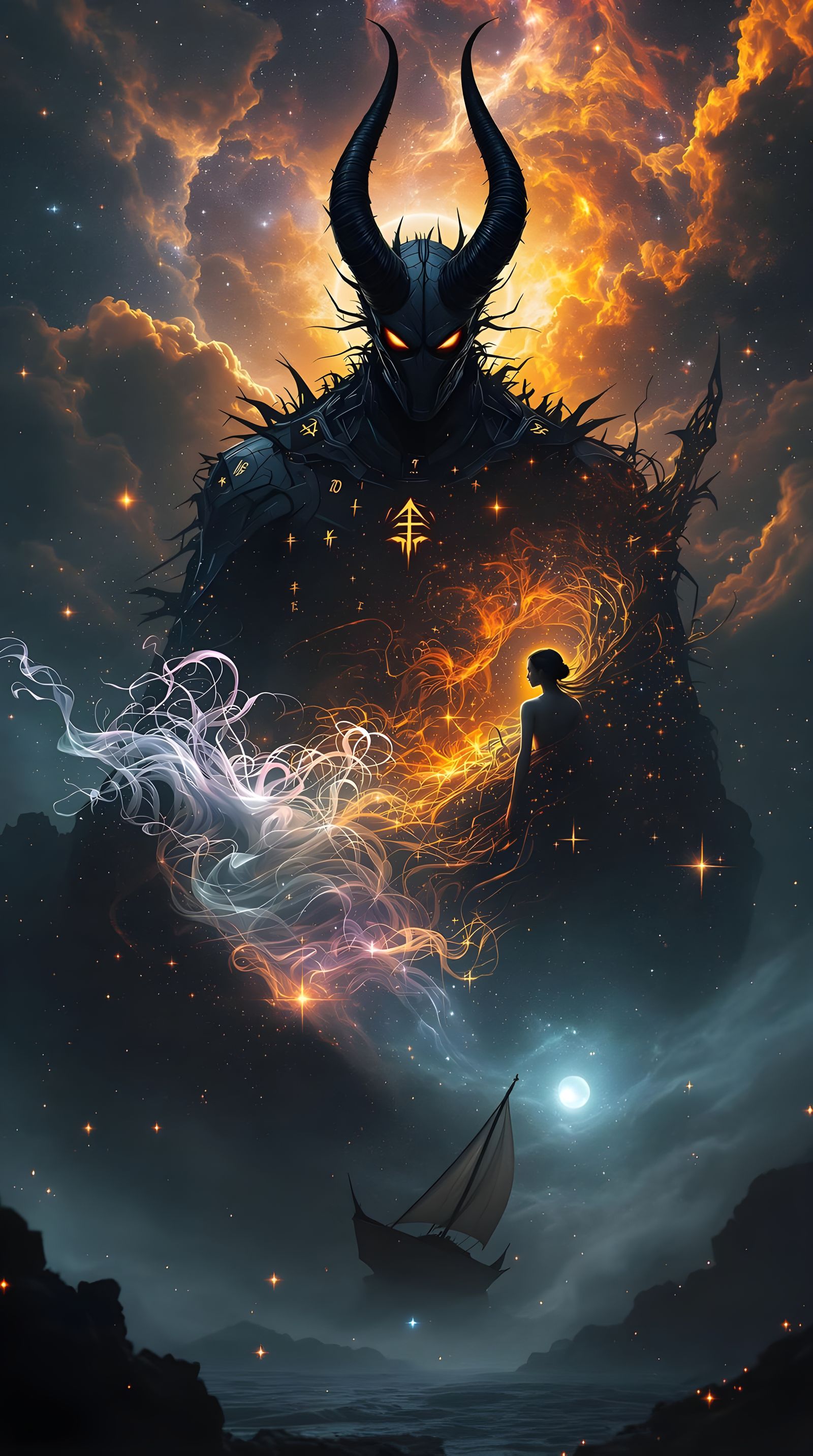 Demonic Cyberpunk Figure in Cosmic Landscape