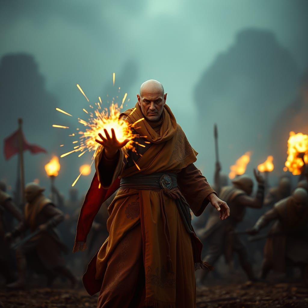 Gritty Battle Scene in Earth-Toned Robes, Cinematic Film Sti...