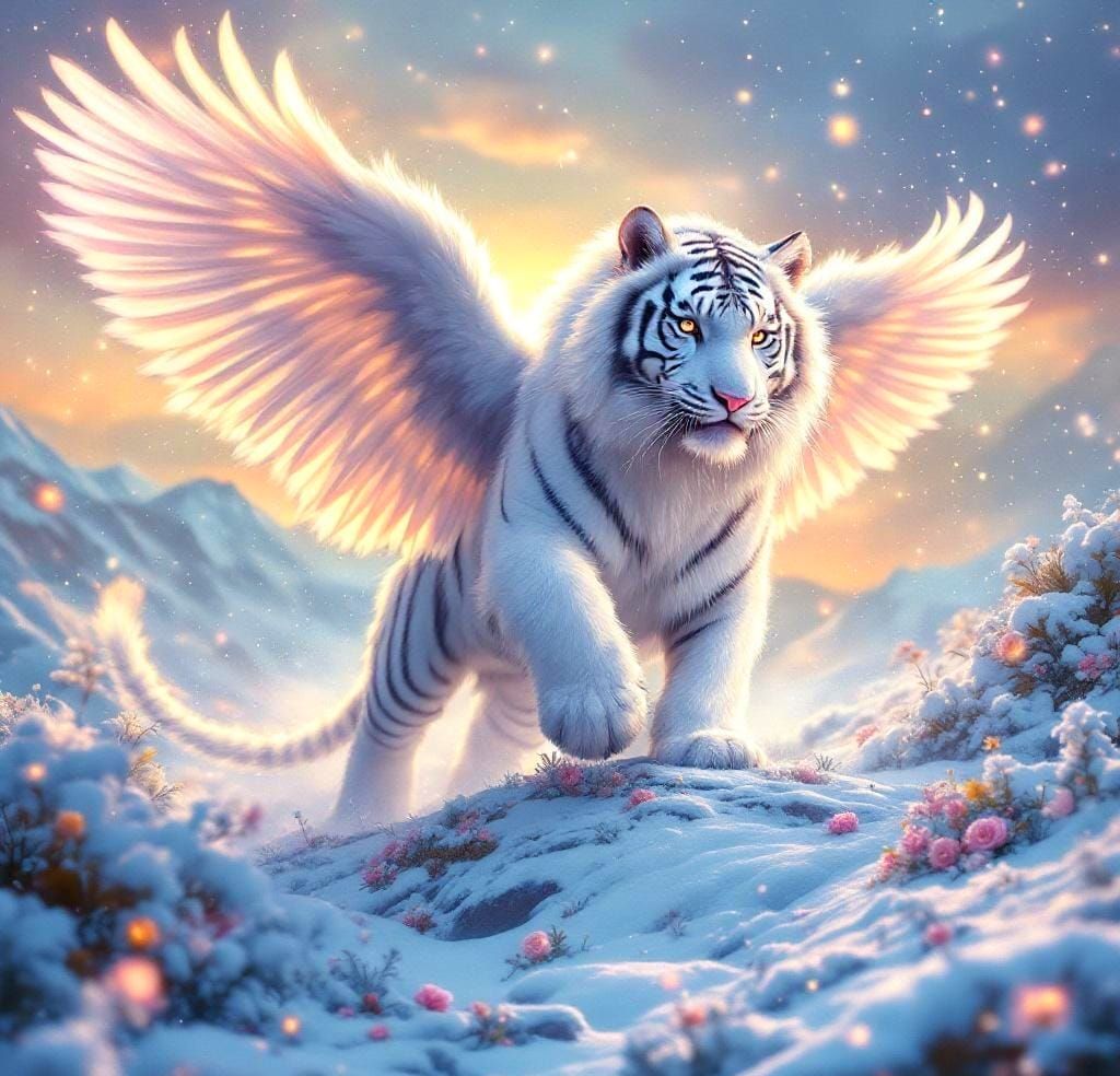 Winged White Tiger in Blizzard of Flowers