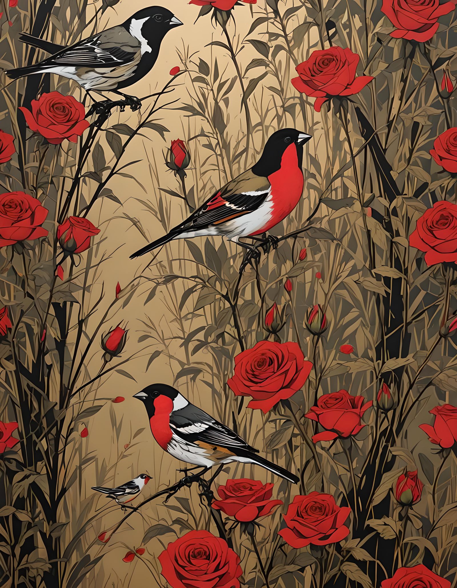 Serigraph of Roses, Rushes, and Finches