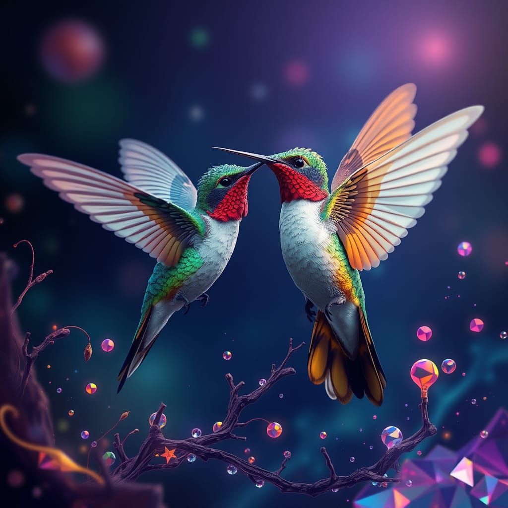 Psychedelic Hummingbirds in Flight: Fantasy Concept Art