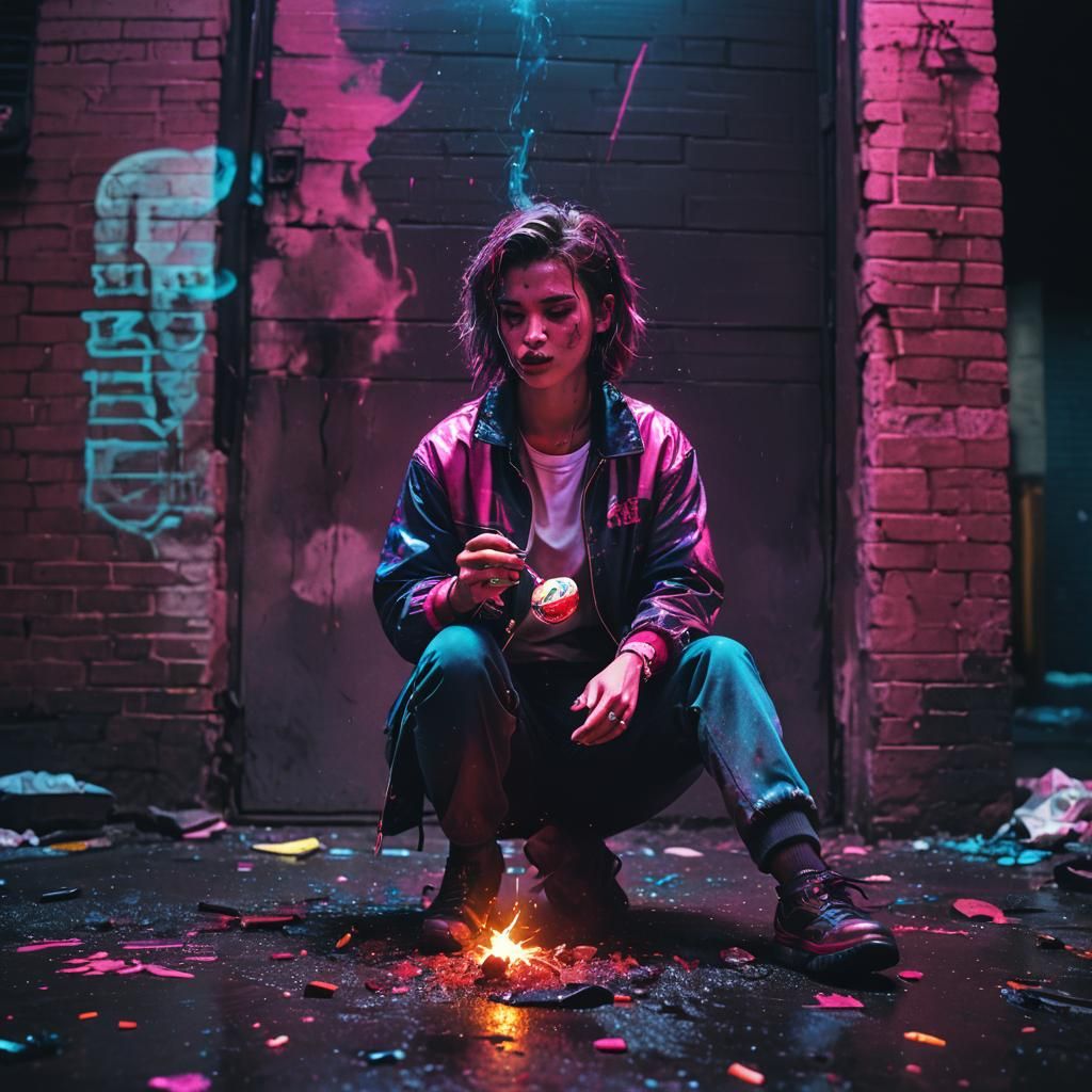 Synthwave Person Eating Coals in Neon Alleyway