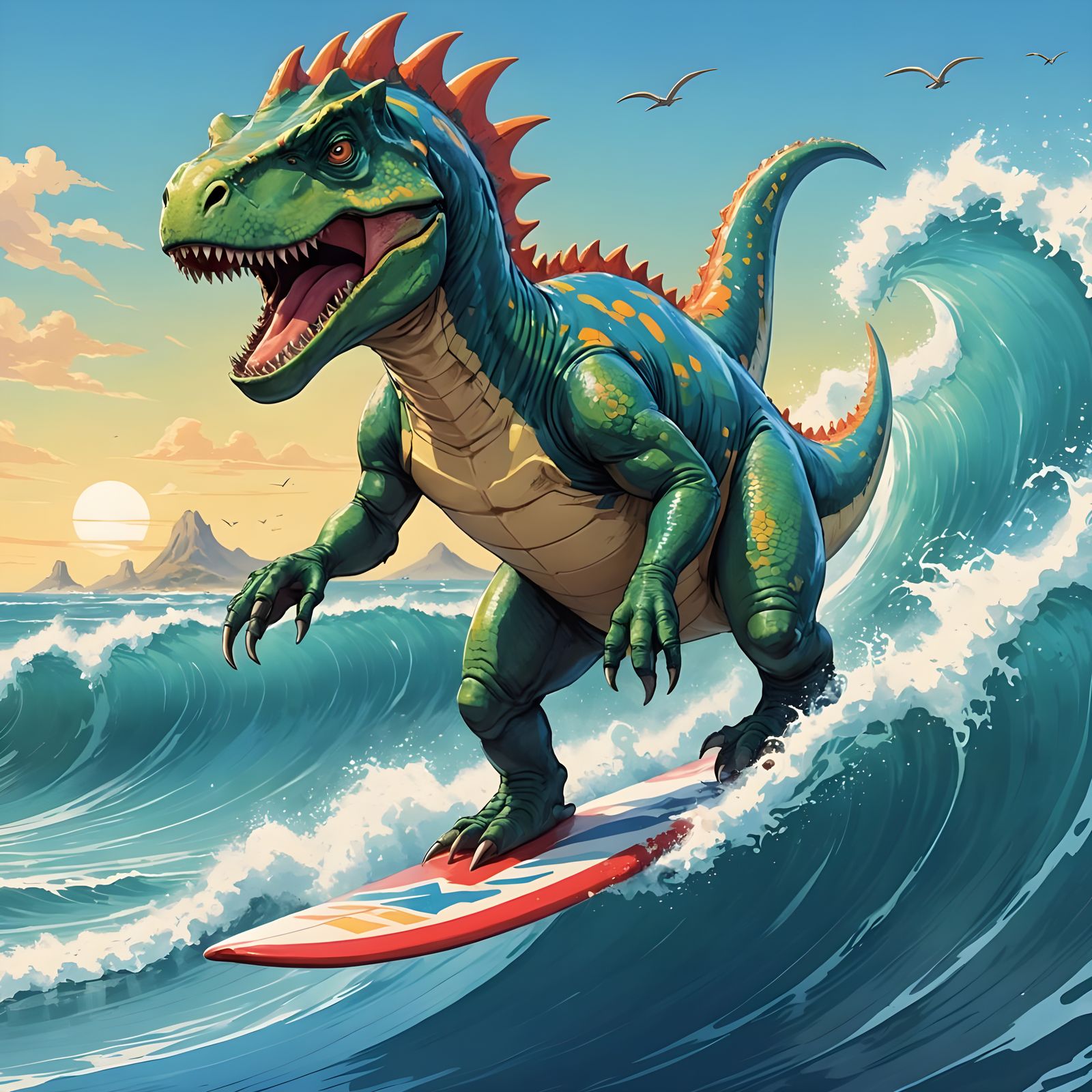 Dinosaur Rides Surfboard Over Japanese Waves