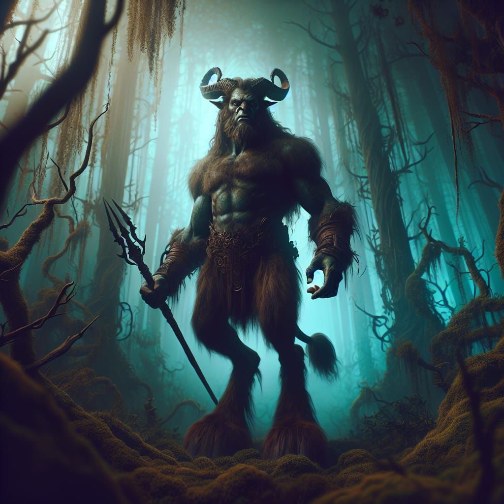 Imposing Satyr Dominates Eerie Forest in Dark Fantasy