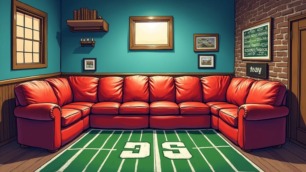 Cartoon Couch on Game Day in Basement