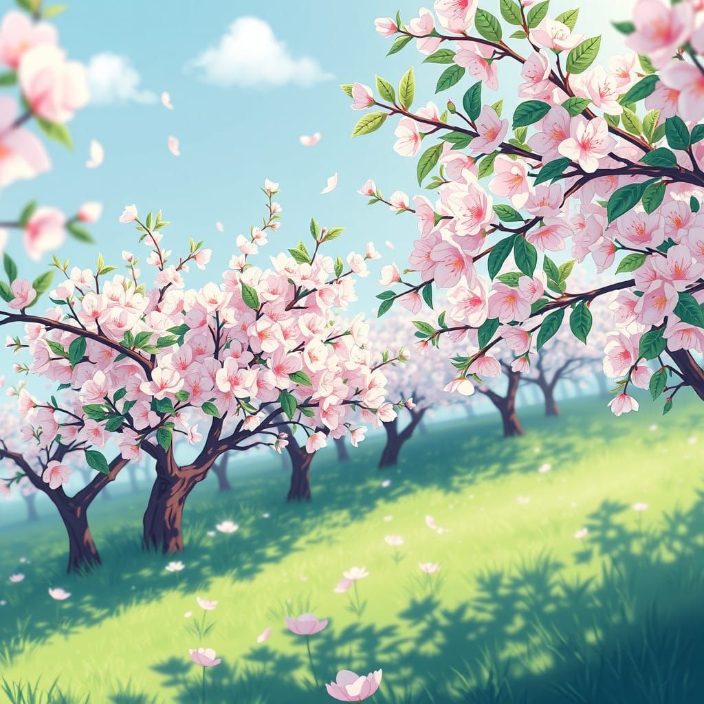 Dreamy Anime-Style Orchard Landscape with Elegant Curves