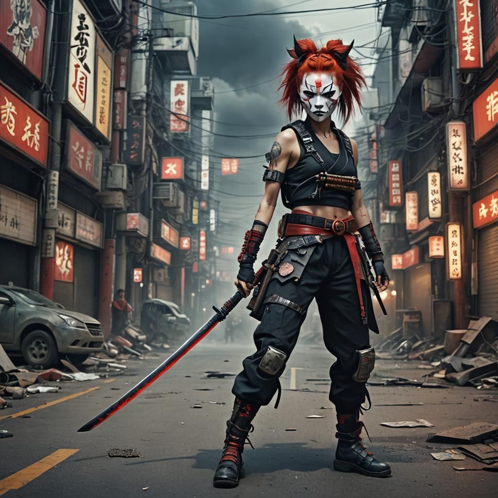 Cyberpunk Samurai in Kabuki Mask with Katana
