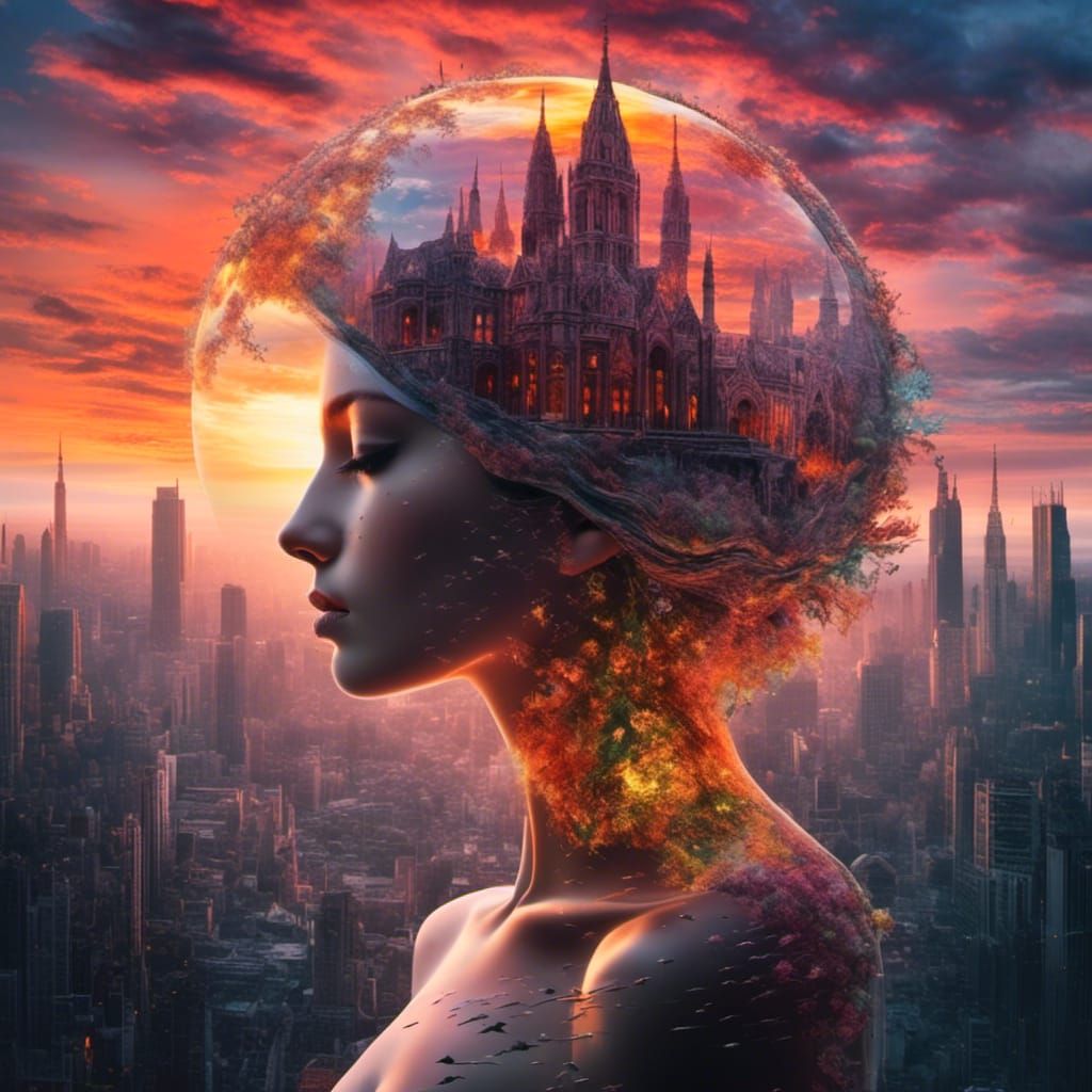 Goddess in Dreamcore Sunset: Double Exposure Glass Art