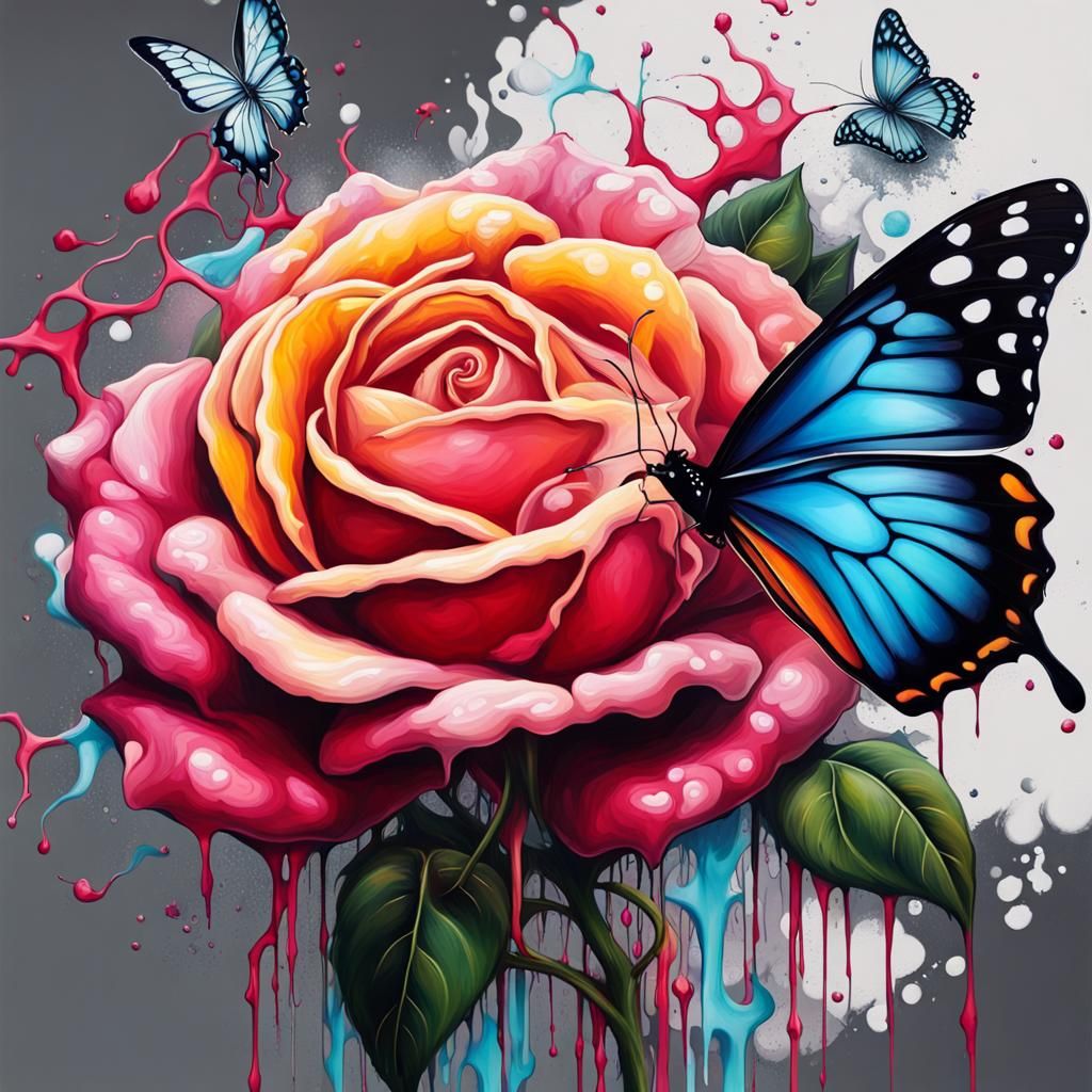 Rose, Honeysuckle, and Butterfly in Graffiti Art
