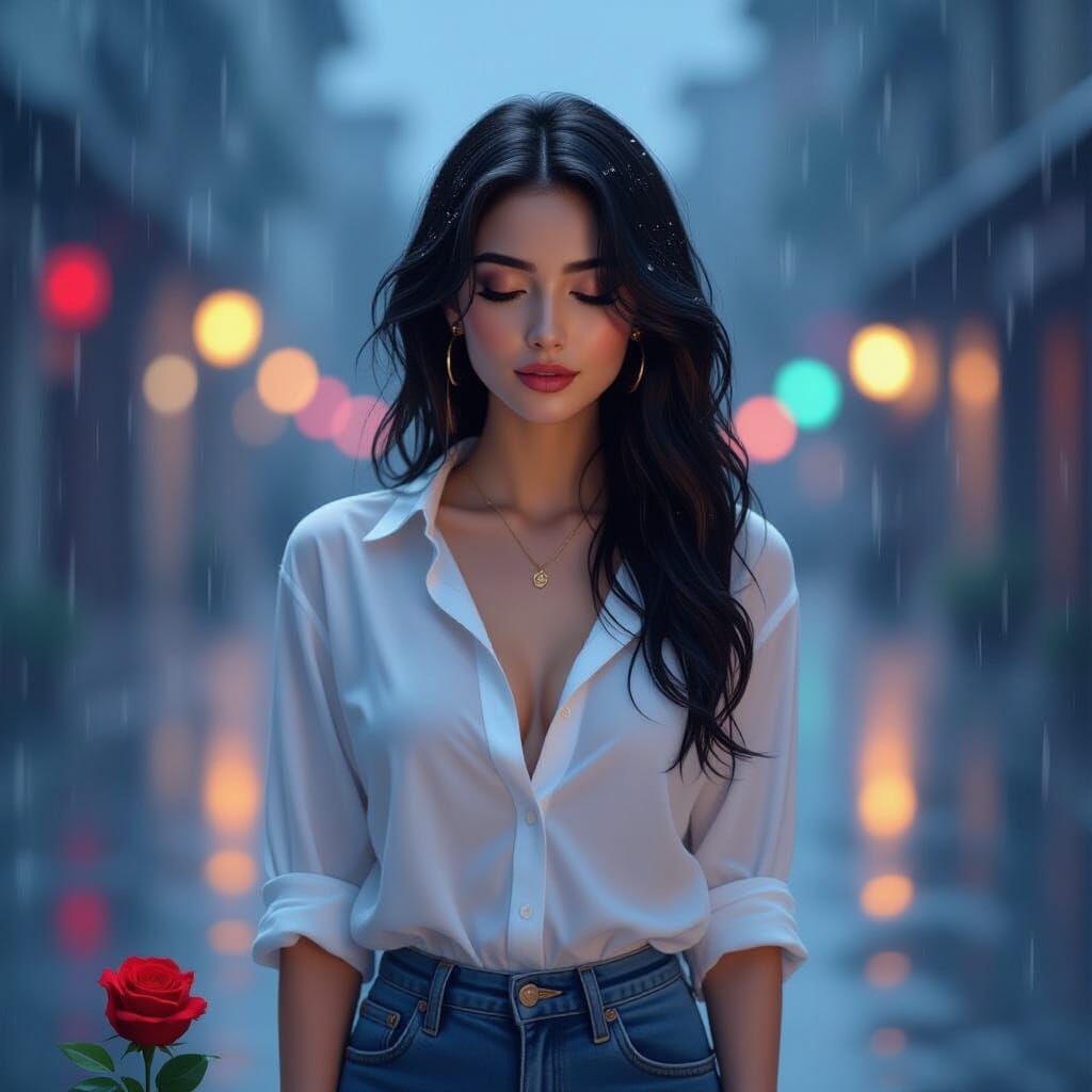 Iranian Woman in Rainstorm: Oil Painting Style