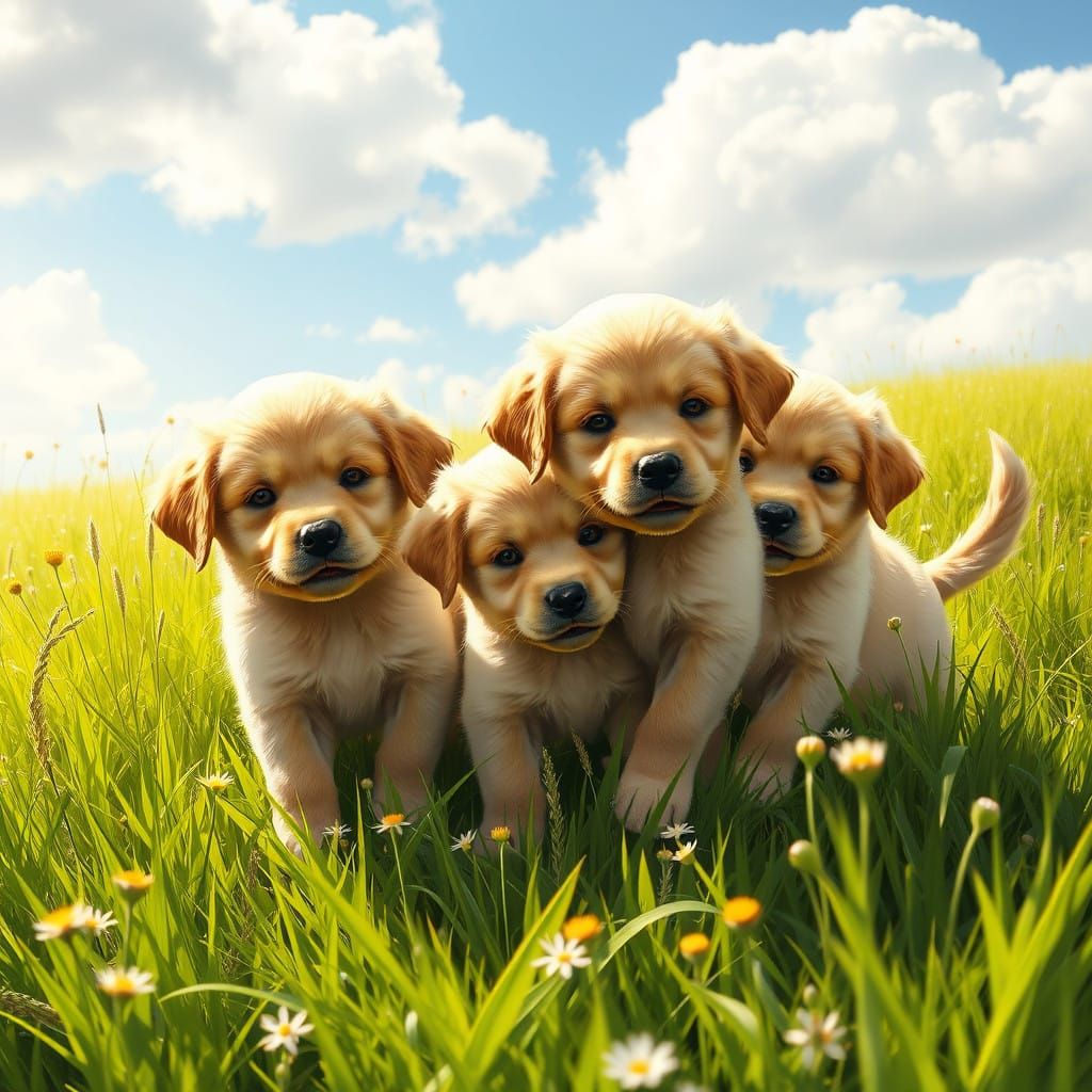 Golden Retriever Puppies in Vibrant Meadow
