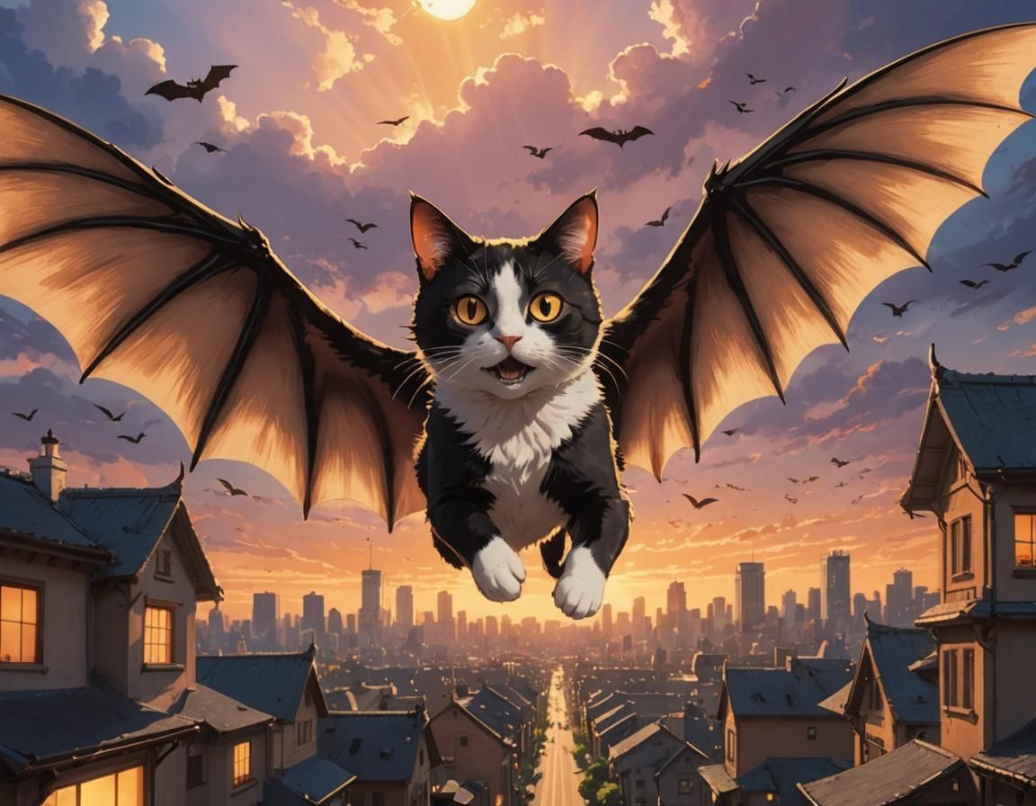 Joyous Winged Cat in Ghibli Anime Style