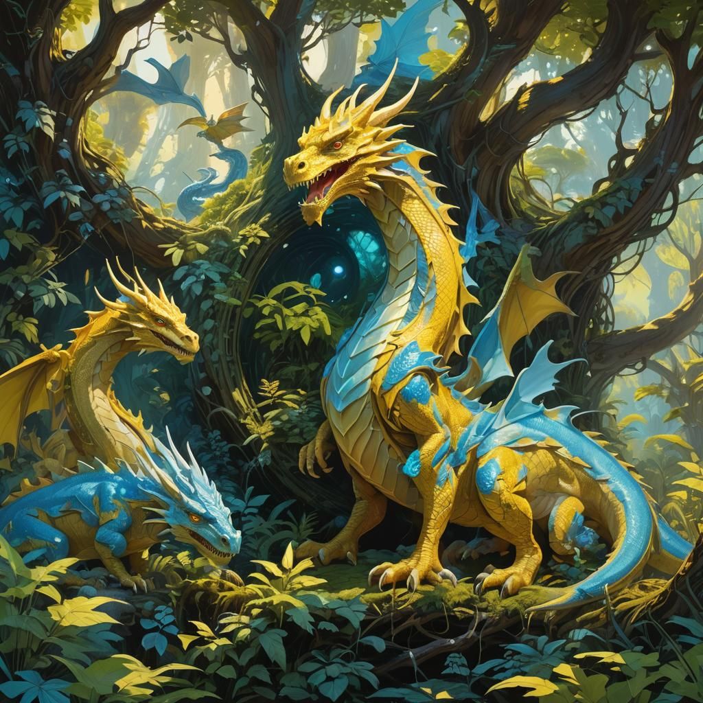 Dragons in Mystical Realm, Futuristic Organic Forms