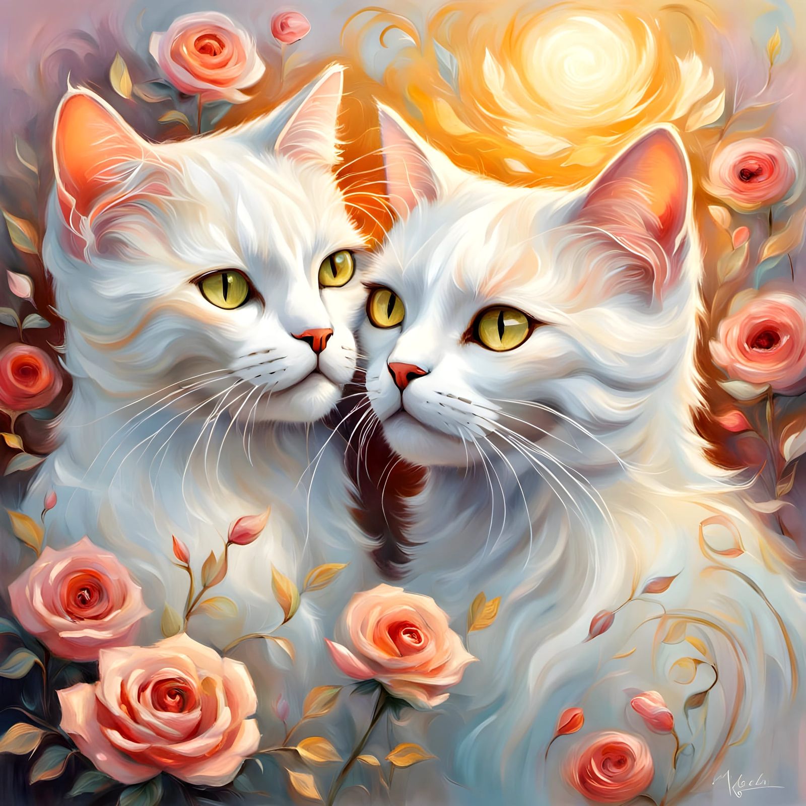 Abstract Cats in Love Surrounded by Roses
