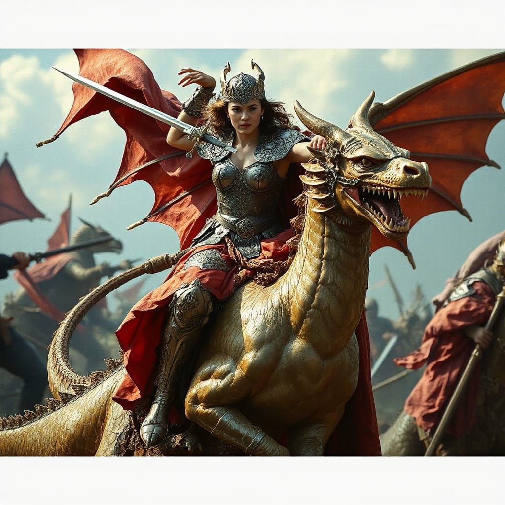 Female Warrior on Dragon in Impasto Oil Painting Style
