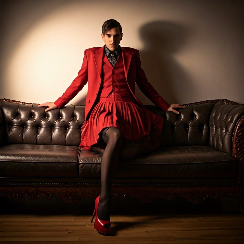 Confident Androgynous Fashion Statement in a Pleated Miniski...